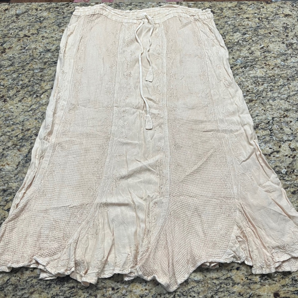 Venus Imports Beige Rayon Embroidered Boho Maxi Skirt Elastic Drawstring Waist